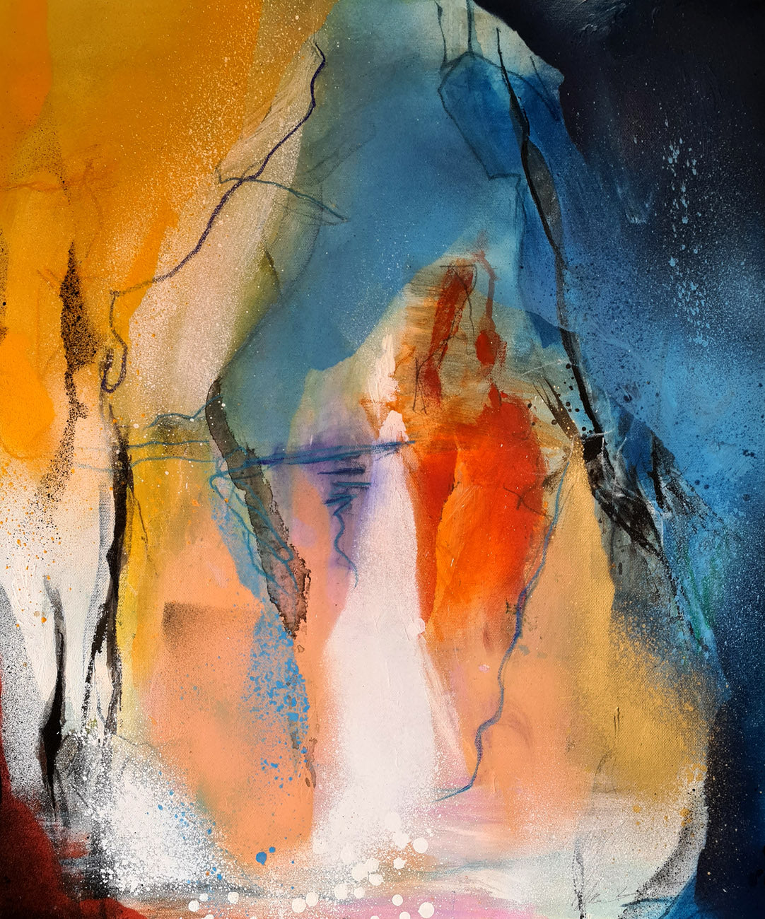 L'autre rive - peinture abstraite sur toile 55x65cm, bleu, jaune, orange