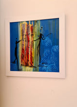 Charger l&#39;image dans la galerie, Biblio - peinture fond bleu silhouettes noires- cadre  30x30cm
