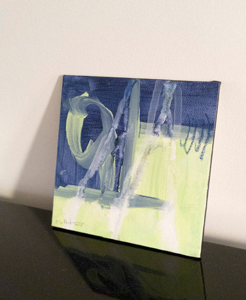 Nuit tranquille - peinture abstraite bleu et vert pâle sur carton toilé, 13x13cm
