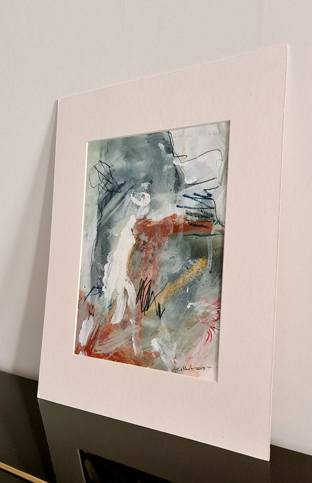 Résolution - peinture abstraite sur papier couleur gris bleuté - passe-partout 40x30cm