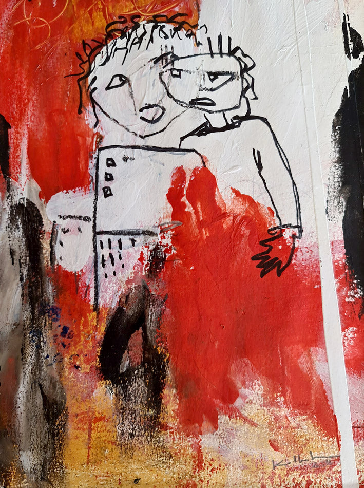 peinture art singulier Deux personnages blancs se détachent sur un fond rouge vif — silhouettes introspectives