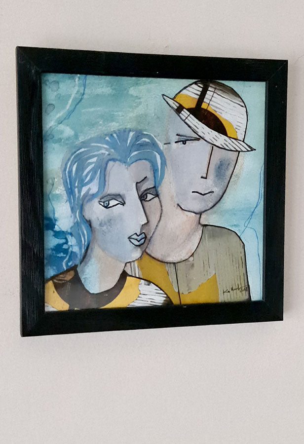 Concordance - portrait couple bleu et jaune - 20x20cm-cadre