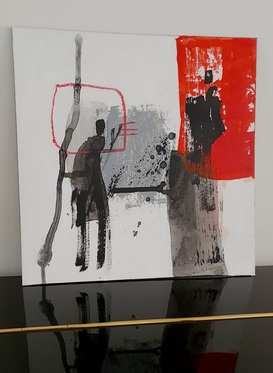 Tableau abstrait Rencontre de Kellestom silhouettes noires sur fond blanc et rouge 36x36