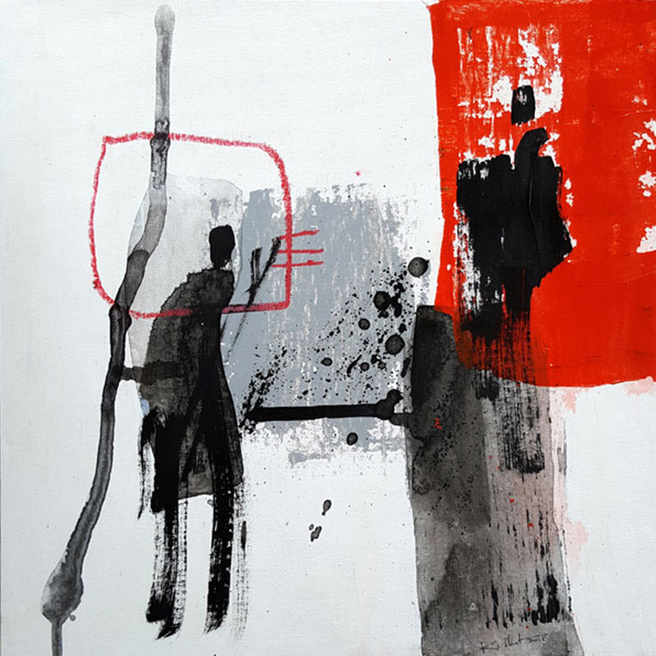 Tableau abstrait Rencontre de Kellestom silhouettes noires sur fond blanc et rouge 36x36