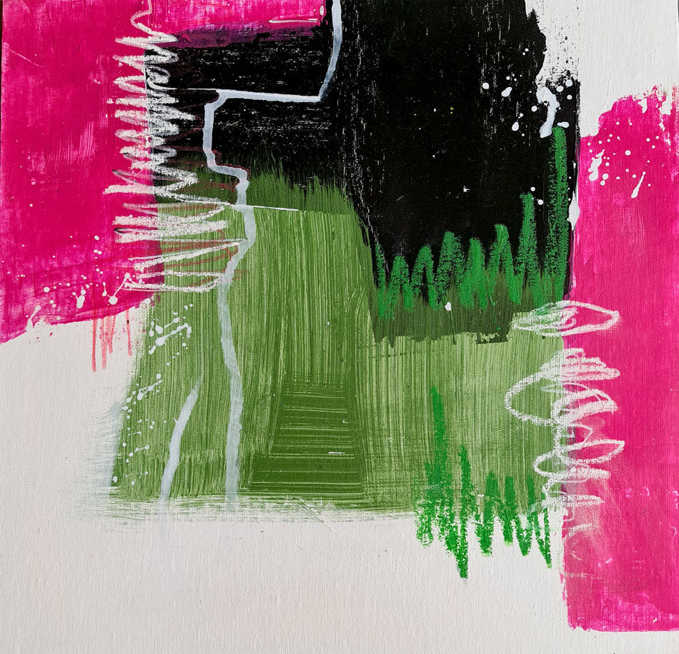 peinture abstraite 36x36cm  couleurs rose vert et noir par Kellestom 