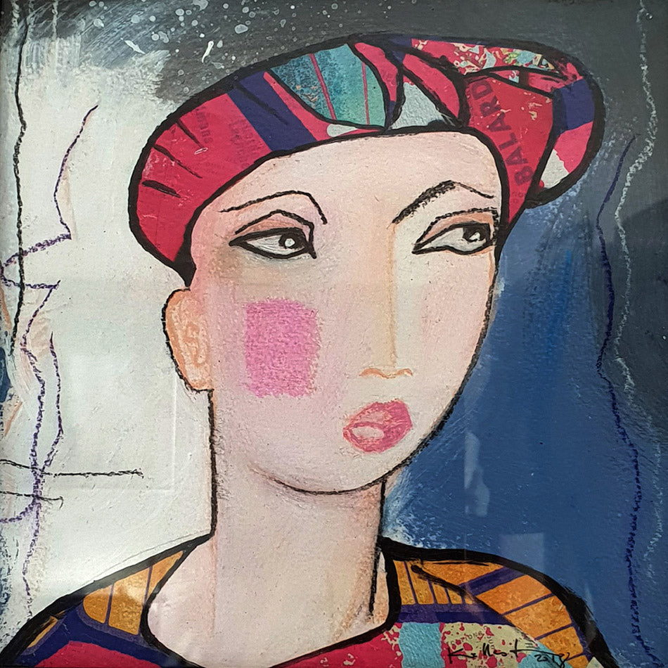 Songeuse - portrait technique mixte 20x20cm avec cadre noir en bois
