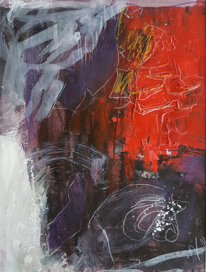 Tonique -peinture abstraite sur papier fort 24 x34cm. Rouge, mauve ,blanc