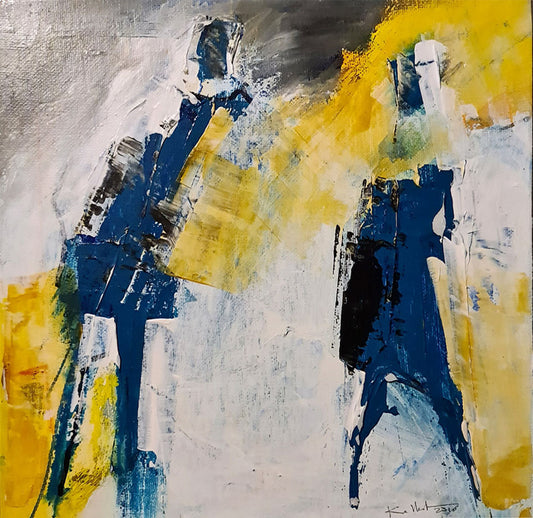 Deux silhouettes bleu marine se détachent sur un fond lumineux de jaune et de blanc. peinture abstraite 25x25cm