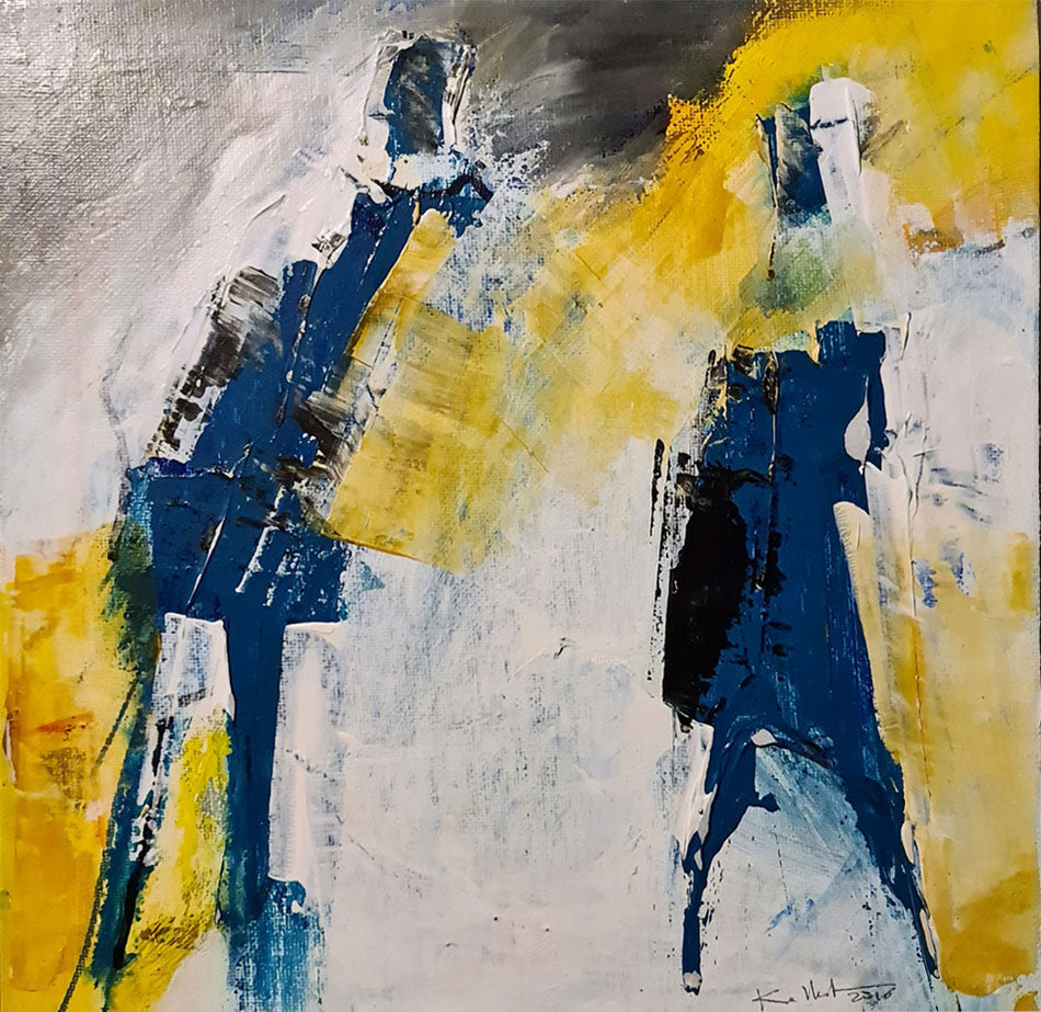 Turquoise - 25 x 25cm peinture abstraite, 2 silhouettes bleues sur fond jaune/blanc