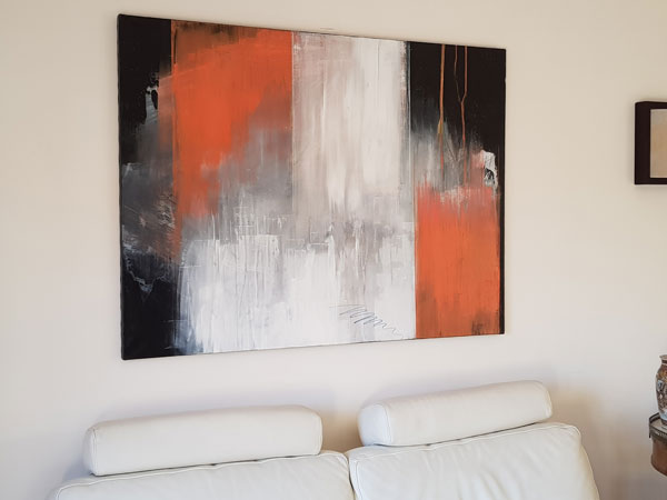 Ville rebelle - peinture sur toile, orange, noir et blanc 97 x 130cm