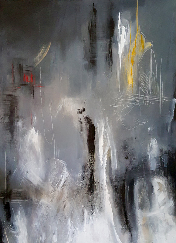 peinture abstraite, fond gris silhouettes blanches et noires. Peinture moderne